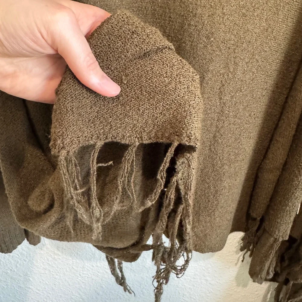 Coldwater Creek M Olive Brown Fringe Waterfall Open Front Cardigan Knit‎ Boho
